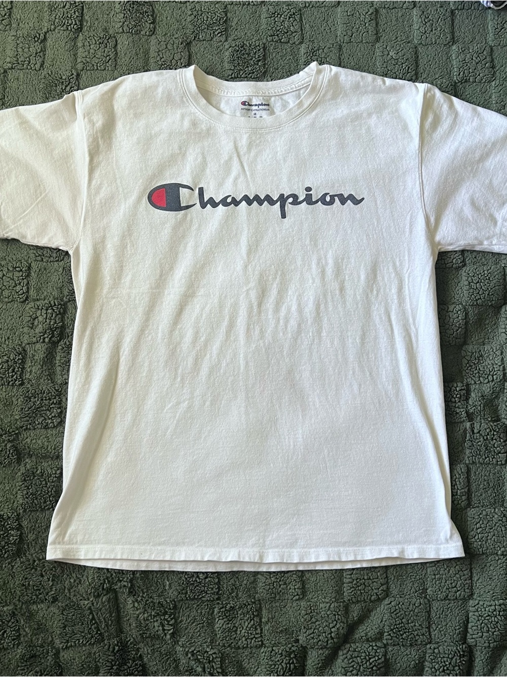 Champion Men White Tee with Navy Logo and Red Accent
